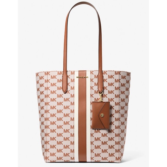 Michael Kors Tote Bag Brown MK Logo Stripe Purse Handbag Shoulder Bag large - Picture 1 of 4